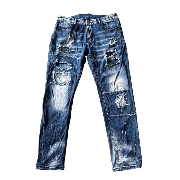 Dsquared2 Mens Blue Distressed Paint Splatter Straight Jeans Denim IT 50 US 34 - Picture 1 of 9